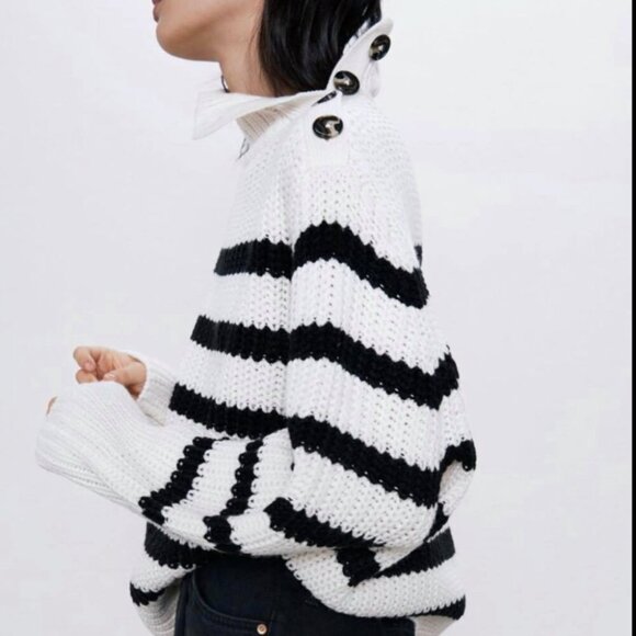 Zara Striped Knit Sweater Button Sleeve White Ecru Black Size Medium - Picture 2 of 8
